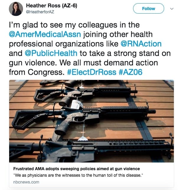 Heather Ross on Twitter praising the AMA for adopting gun violence policies. 