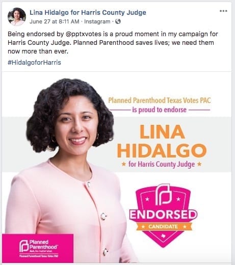 Lina Hidalgo endorsed by Planned Parenthood for her run for Harris County Judge