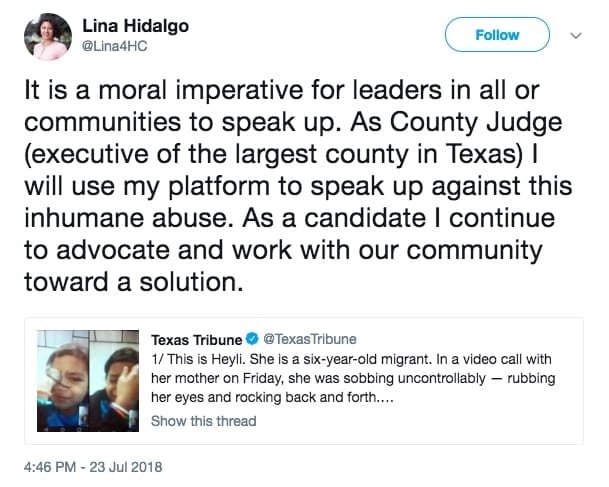 Lina Hidalgo facebook post condemning child detention centers for undocumented immigrant children. 