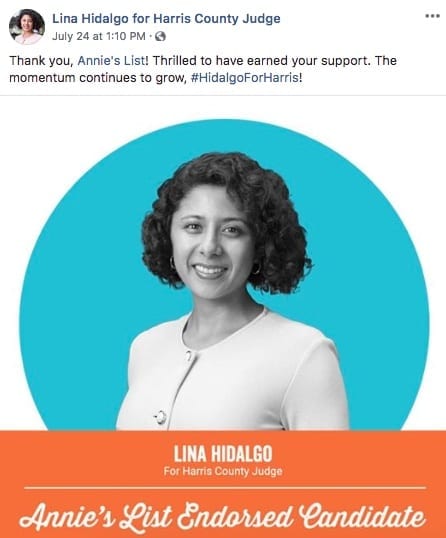 Lina Hidalgo endorsed by Emily's List.