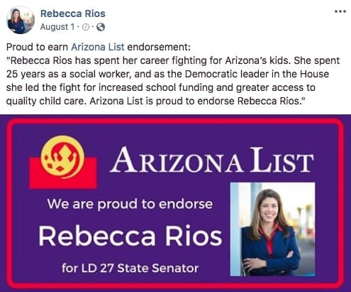 Rep Rebecca Rios is endorsed by Arizona List for state Senate