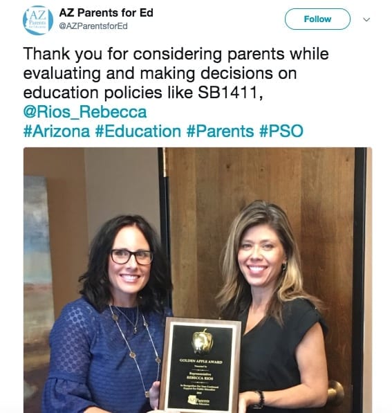 AZ Parents for Ed recognizes Rebecca Rios for "making decisions on education policies like SB1411"