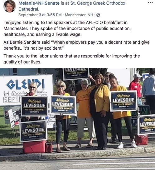 Melanie Levesque Facebook post about her support of unions in NH