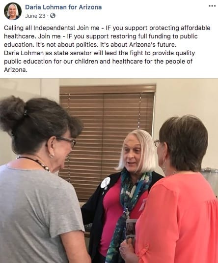 Dariah Lohman speaking with Arizona voters. From campaign FB page.