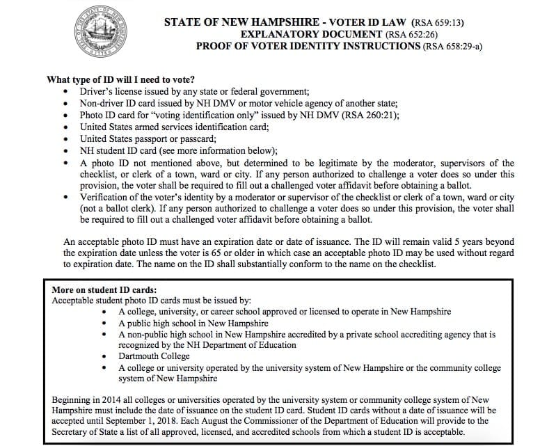 New Hampshire voter ID law. What you must bring with you to vote in New Hampshire. 