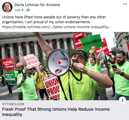 Daria Lohman for office Facebook page post expressing support for unions. 