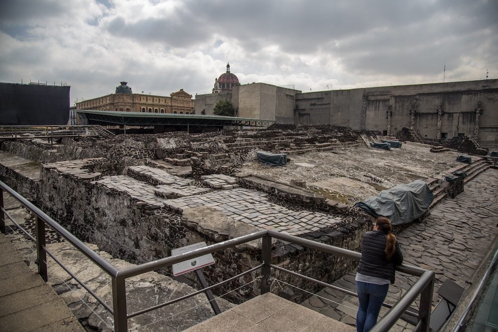 Excavated ruins and architecture of the Aztec city of Tenochtitlan