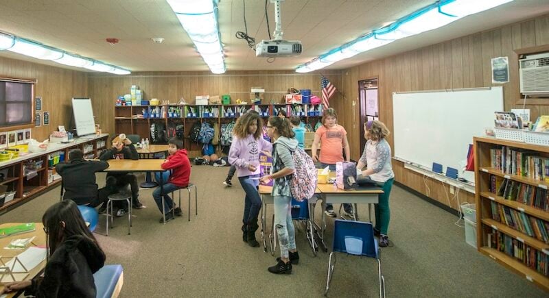 Students in a classroom portable in SD