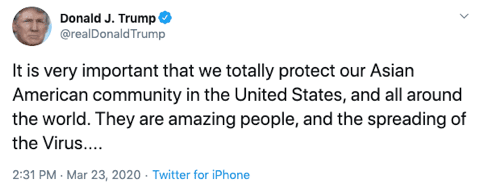 Trump tweet protecting Asian Americans