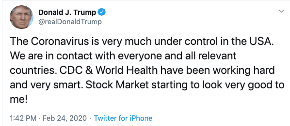 Trump tweet "Coronavirus is very much under control in the USA."