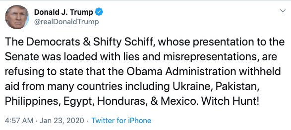 Trump tweet about "Witch Hunt" on Jan 23.