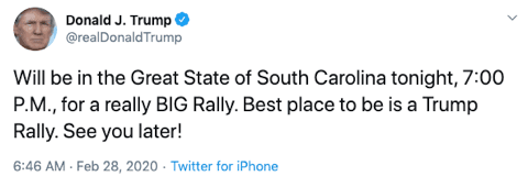 Trump SC rally tweet Feb 26