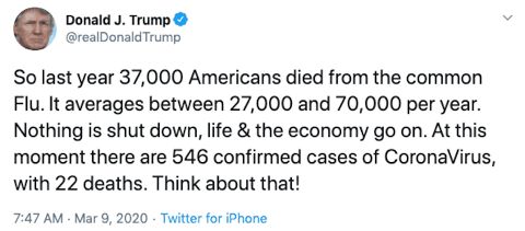 Trump compares flu stats with COVID-19 numbers on Twitter on March 9, 2020.