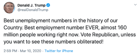 Trump unemployment tweet March 10