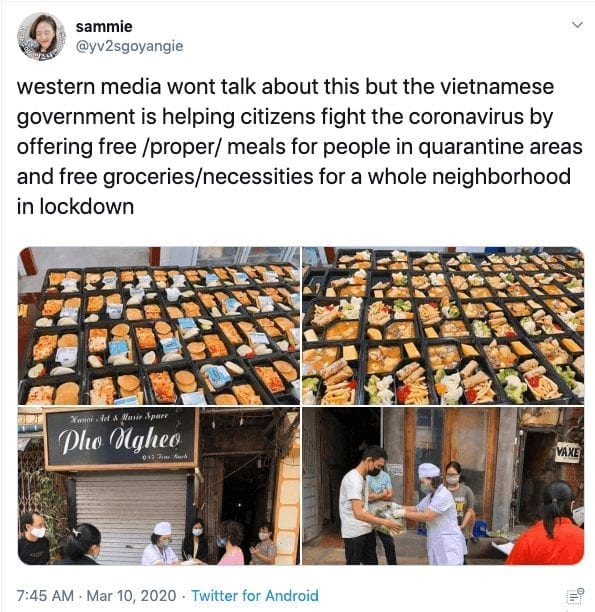 Tweet about Vietnam's support for coronavirus patients.