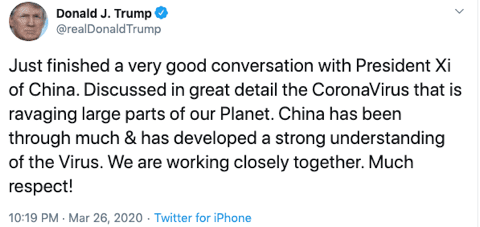 Trump Xi China tweet March 26