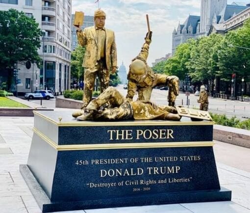 Trump living statue called The Poser where he holds a Bible and police beat a protester.