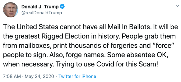 Trump attacks mail-in voting on Twitter in May 2020.