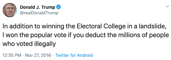 Trump says on Twitter that millions of people voted illegally in 2016.