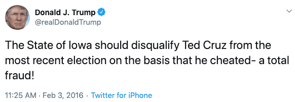 Trump tweets that Ted Cruz cheated in 2016 Iowa caucus.