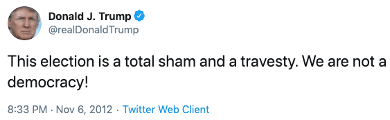 Trump tweets that Obama reelection is a sham and travesty in 2012.