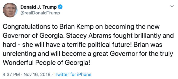 Trump congratulates Brian Kemp on election win in Georgia. 