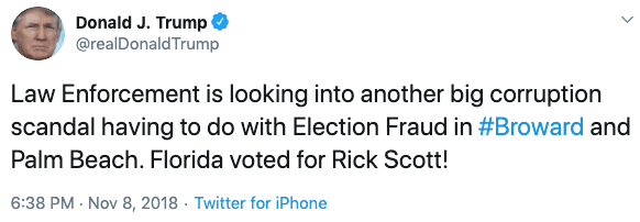 Trump tweets that election fraud occurred in the Florida 2018 midterms.