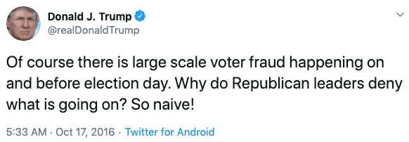 Trump tweet of large scale voter fraud in 2016 election.