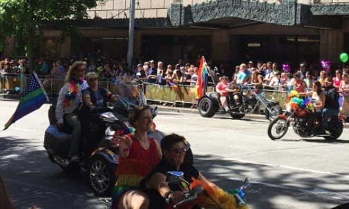 Dykes on Bikes riding at Seattle's Pride Parade in 2016