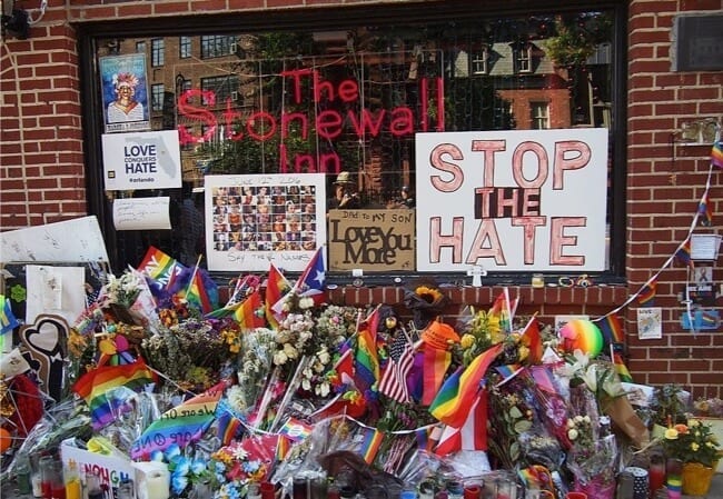 Stonewall Inn in 2016 with memorial for Orlando shooting.