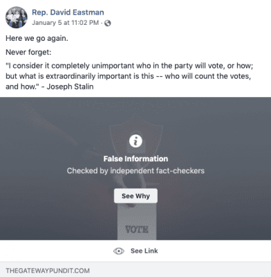 Facebook blocks election fraud post from David Eastman.