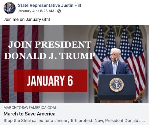 Facebook invite for Jan. 6 rally in DC from Justin Hill.