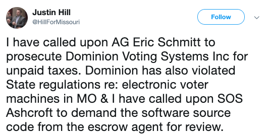 Justin Hill spreads Dominion conspiracy on Twitter.