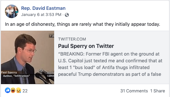 David Eastman wrongly blames Antifa for Capitol attack.
