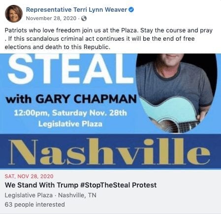 Terri Lynn Weaver shares stop the steal event on Facebook