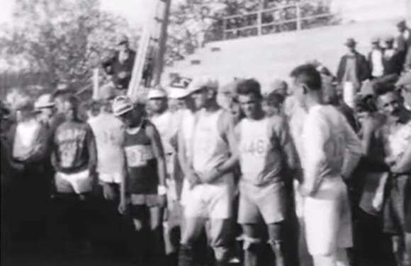 Bunion Derby runners line up at the starting line in Los Angeles in 1928.