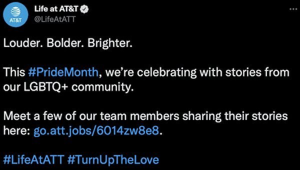 Tweet from AT&T about LGBTQ+ pride