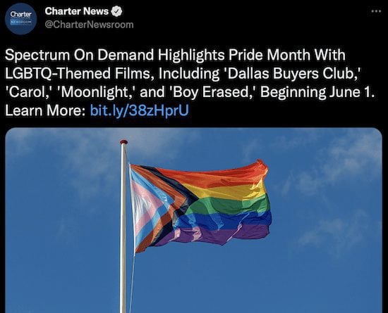 Charter Communications tweet about LGBTQ programming