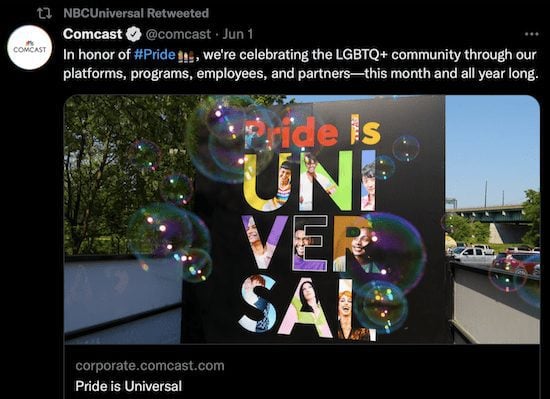 Comcast NCBUniversal tweet about LGBTQ pride
