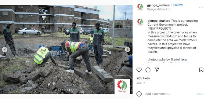 Instagram of Gjenge Makers with plastic bricks