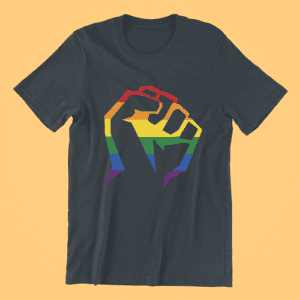 Raised fist LGBTQ t-shirt in unisex sizes