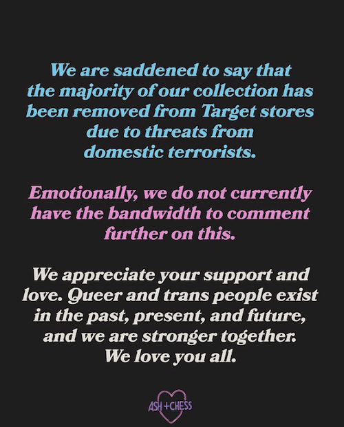 Ash + Chess statement about Pride products removed in Target