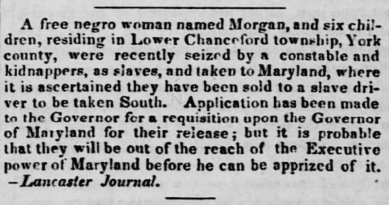 Record of Margaret Morgan's abduction in 1837 from The Liberator