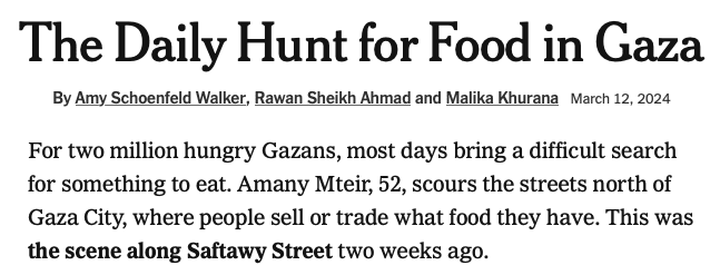 New York Times headline that fails to identify Israel as the cause of the famine in Gaza.